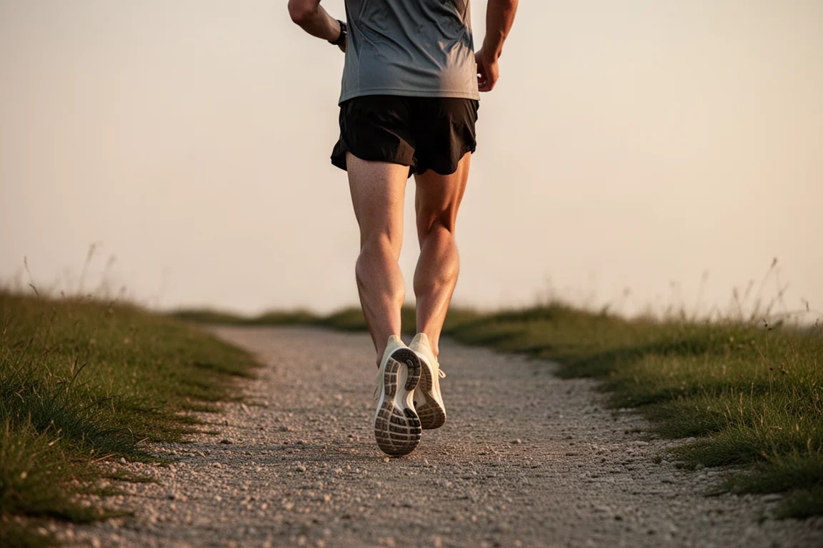 Runner starting an easy pace run on a gravel path in soft evening light