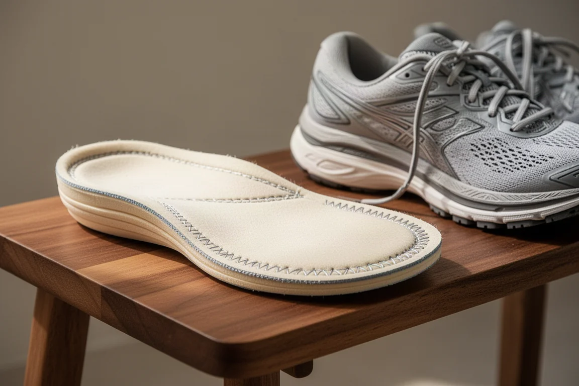 Primer plano de una plantilla gruesa y acolchada apoyada en un banco de madera junto a una zapatilla de running