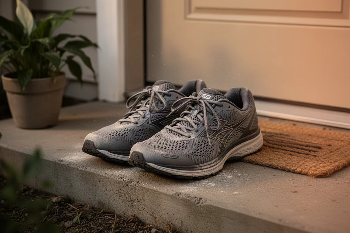 Zapatillas de running apoyadas junto a una puerta tras una sesión de entrenamiento, con suave luz vespertina