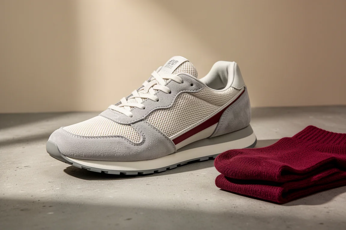 Tracksmith Eliot Runner running shoe on a concrete surface with wool socks