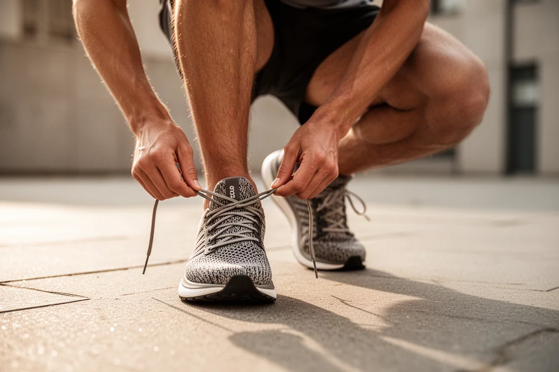Runner lacing up a cushioned daily trainer on a sunny city pavement