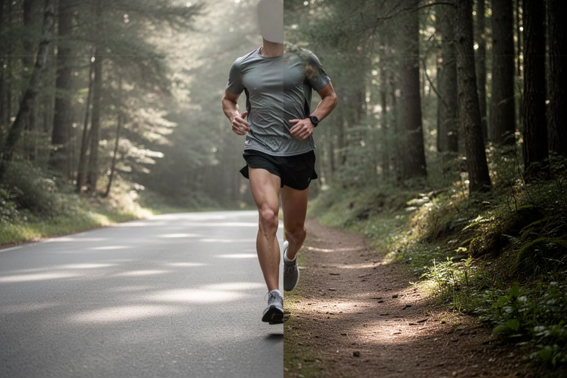 Runner cruising an easy pace on a mixed road and forest trail