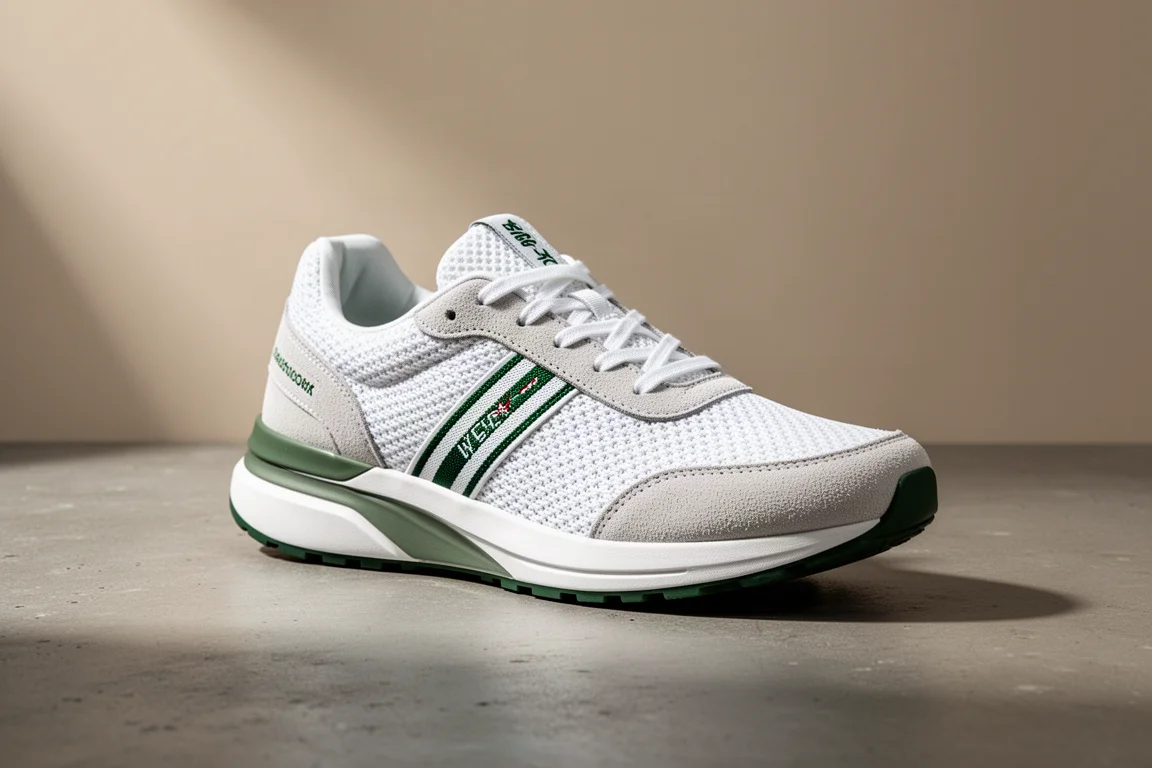 Tracksmith Eliot Runner Laufschuh in Grün und Weiß auf einer Betonfläche