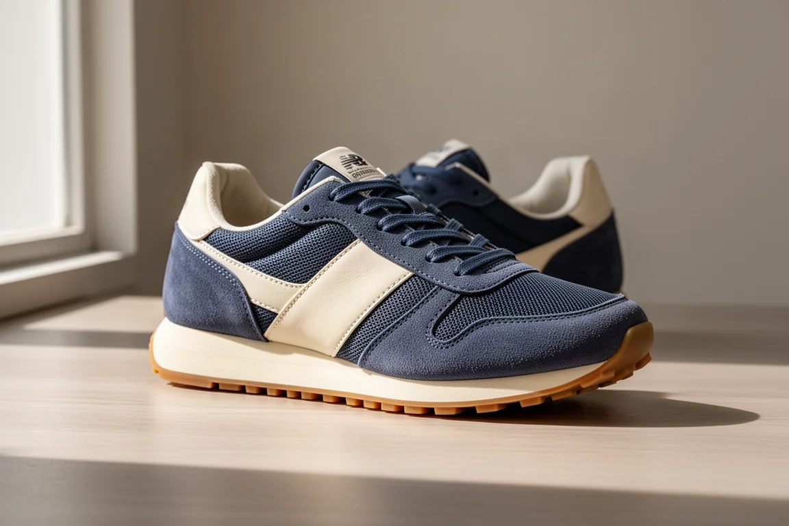 Navy and white running shoe with gold accents and gum outsole on concrete