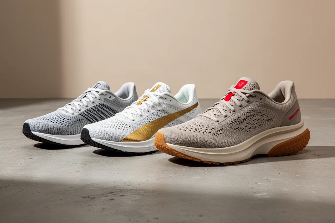 Three Tracksmith Elliot running shoes lined up on a concrete surface