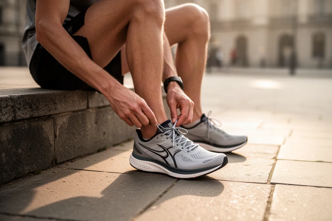 Un runner allaccia una scarpa da gara leggera prima di una corsa su strada sotto il sole