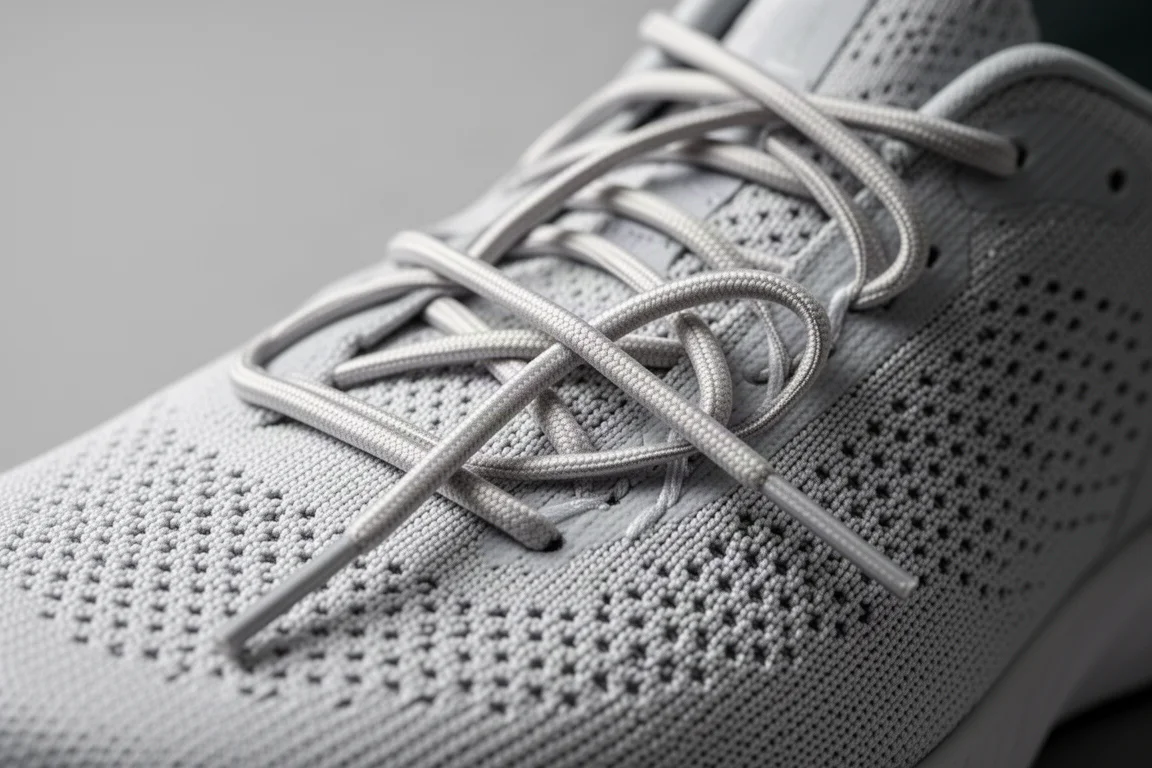 Primo piano dei laccetti rivestiti in silicone di una scarpa da gara su upper in maglia
