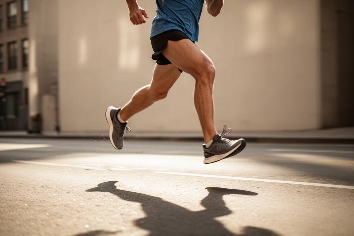 Un runner corre lungo una strada londinese illuminata dal sole durante una progression run