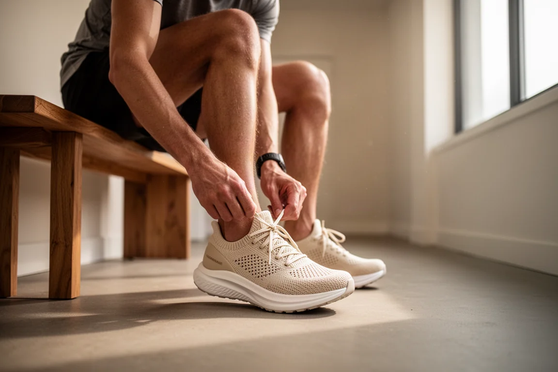 Un runner allaccia una scarpa da running color crema su un pavimento in legno prima di una corsa al mattino presto