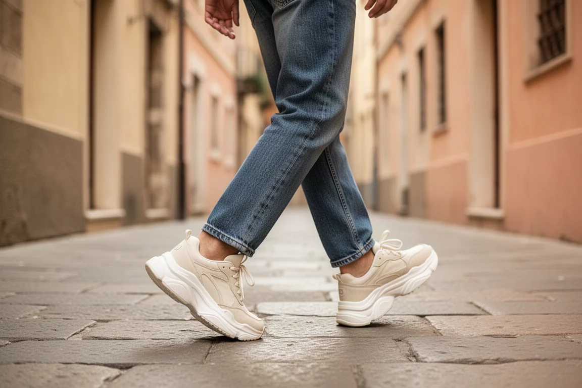 Scarpa da running indossata in modo casual con jeans mentre si cammina in una strada europea al sole