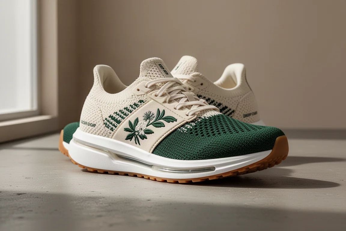 Scarpa da running Tracksmith Elliot Rider color crema e verde con spesso intersuola bianca su cemento