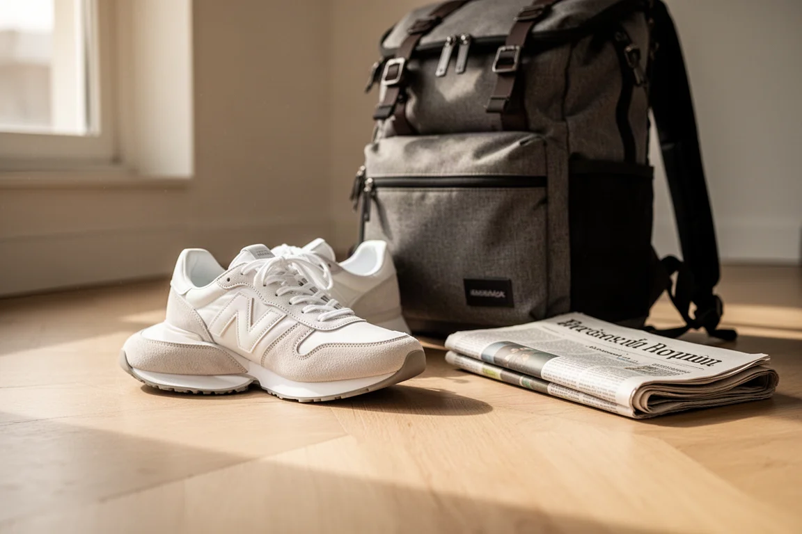 Scarpa da running appoggiata accanto a una borsa da lavoro sul pavimento in legno di un ufficio