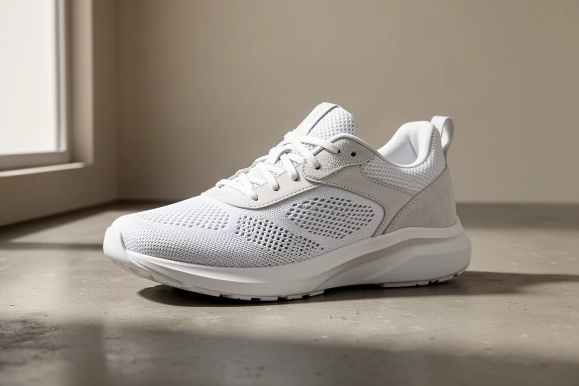 White Tracksmith-style running shoe with suede detailing on concrete surface