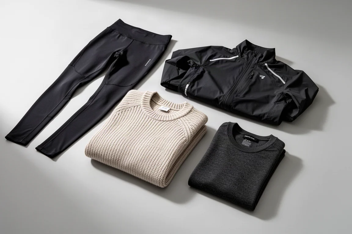Four pieces of Tracksmith winter running apparel arranged on a light grey surface
