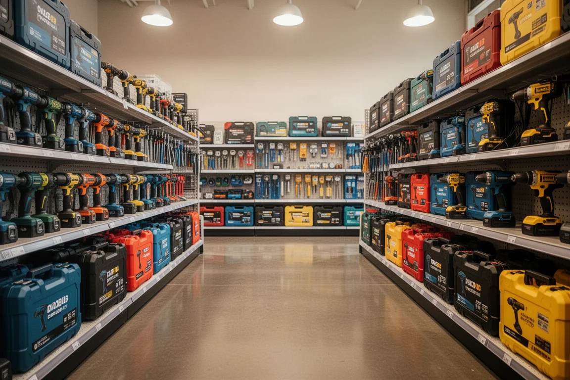 Brede opname van een gereedschapsafdeling in een bouwmarkt met gestapelde accugereedschapkits op de schappen