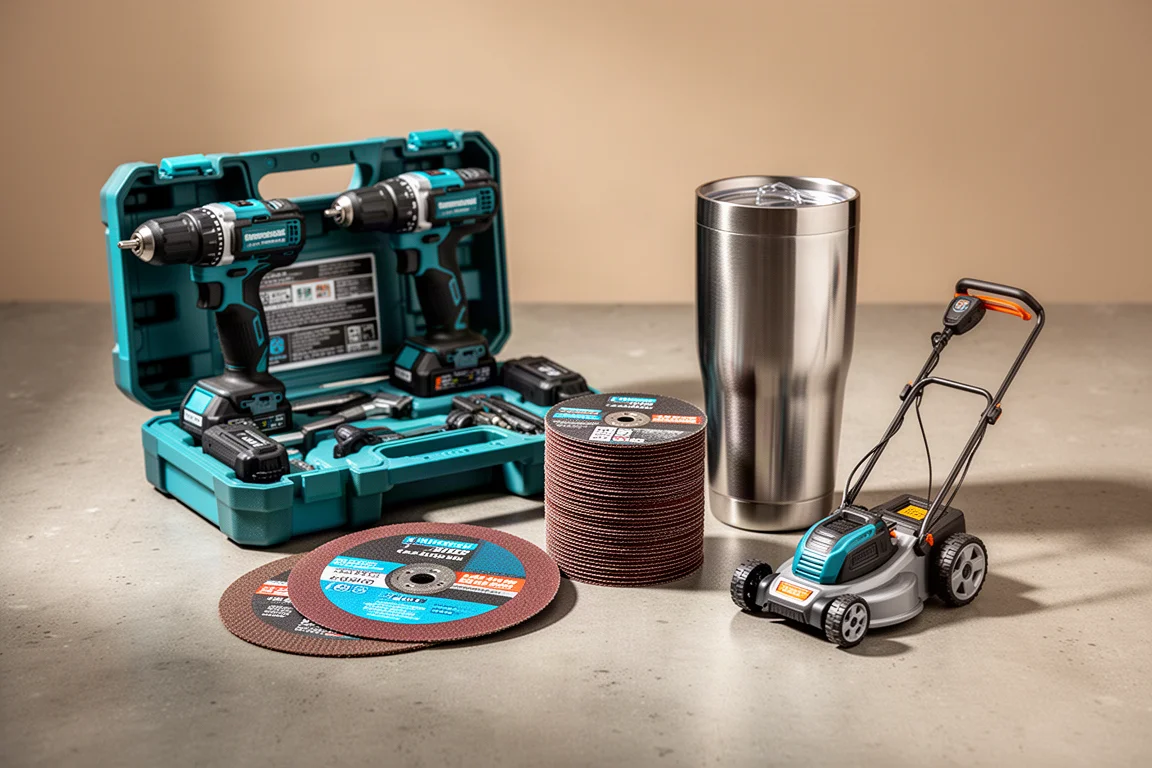 Assorted tool deal items including a combo kit, cutoff wheels, and a tumbler on concrete