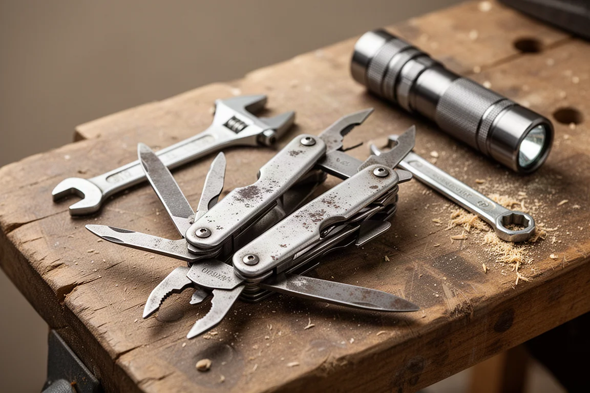 Handwerker öffnet ein vielseitig benutztes Multitool auf einer Werkbank