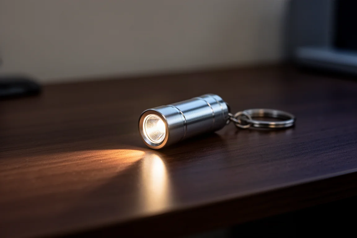 Winzige Schlüsselbund-Taschenlampe wirft einen warmen Lichtkegel auf einen Schreibtisch