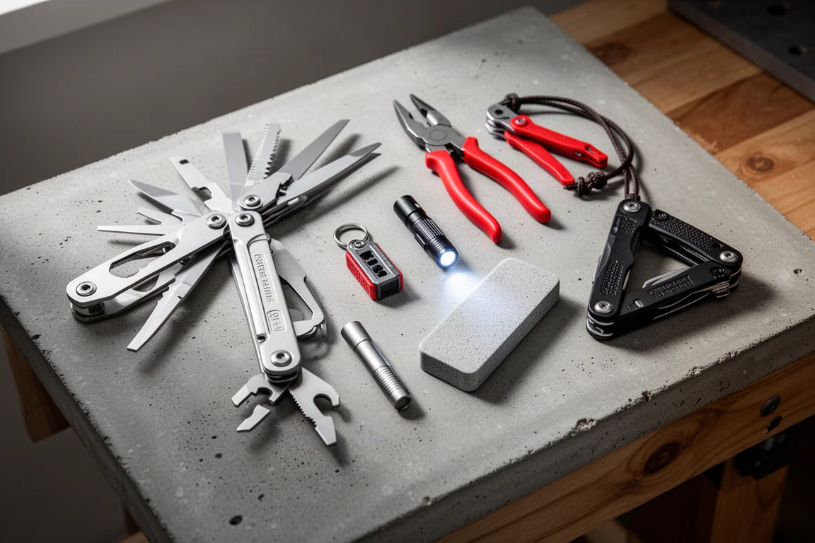 Flat-lay of tradesman EDC gear including multi-tools, flashlight and sharpeners on a concrete workbench