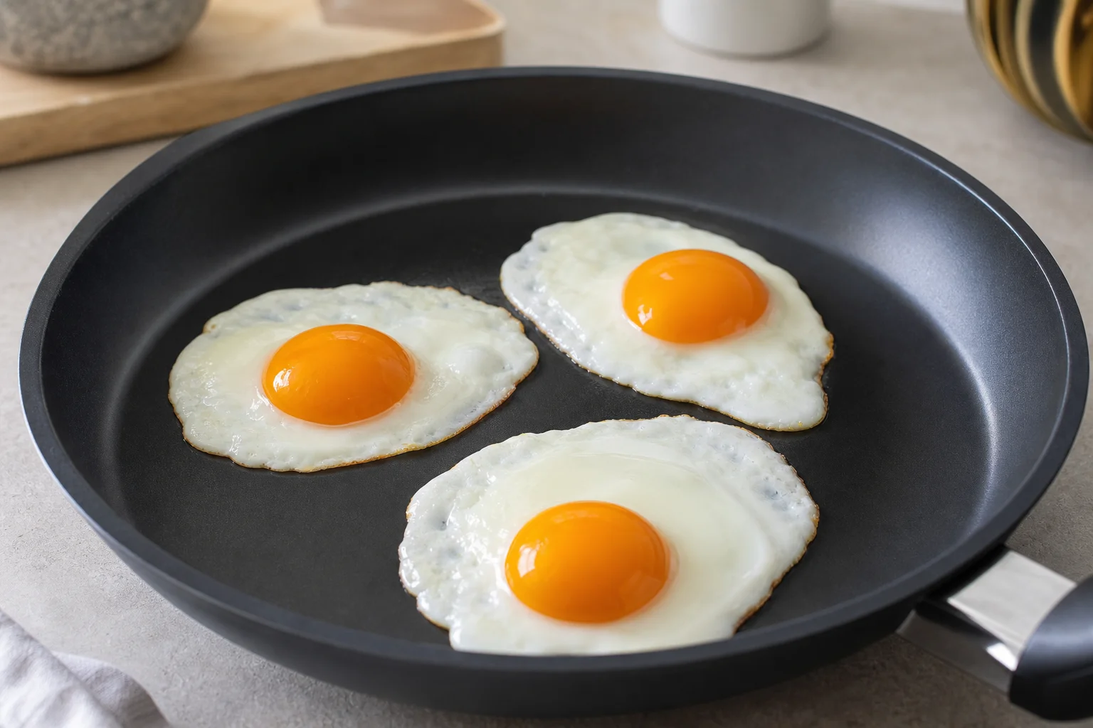 Primer plano de huevos friéndose en una sartén antiadherente sin añadir grasa