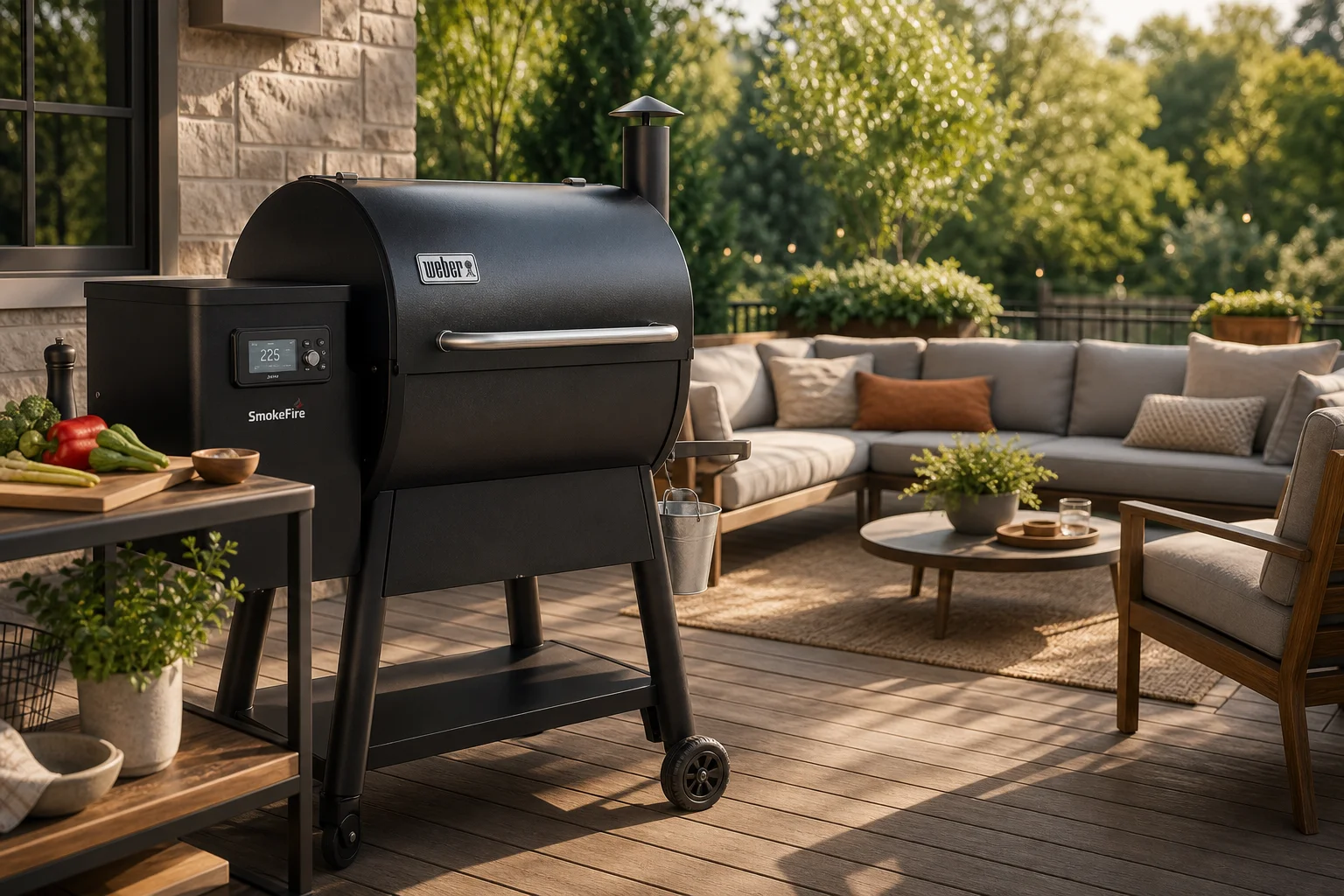 Outdoor patio with grill station and comfortable seating in warm afternoon light