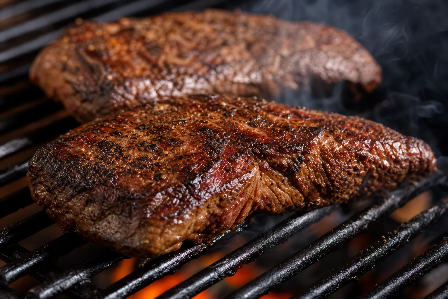 Close-up of grilled tri-tip steaks with caramelized crust and rising smoke