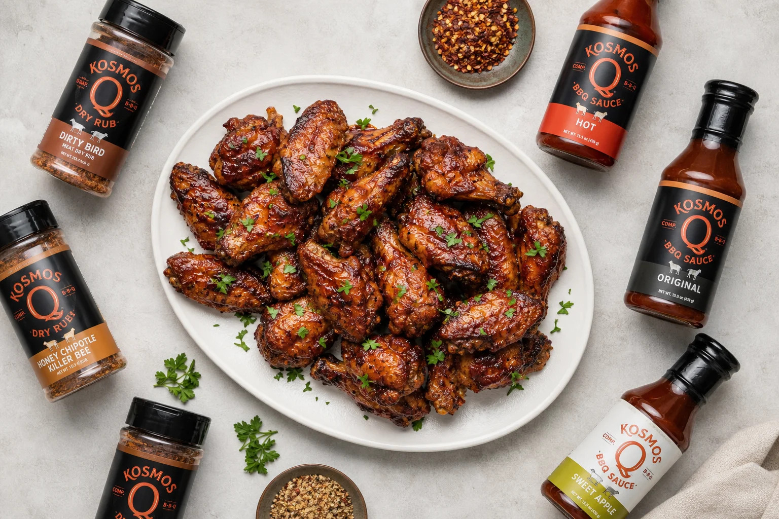 Smoked wings on platter with sauce and garnish, grilling rubs nearby