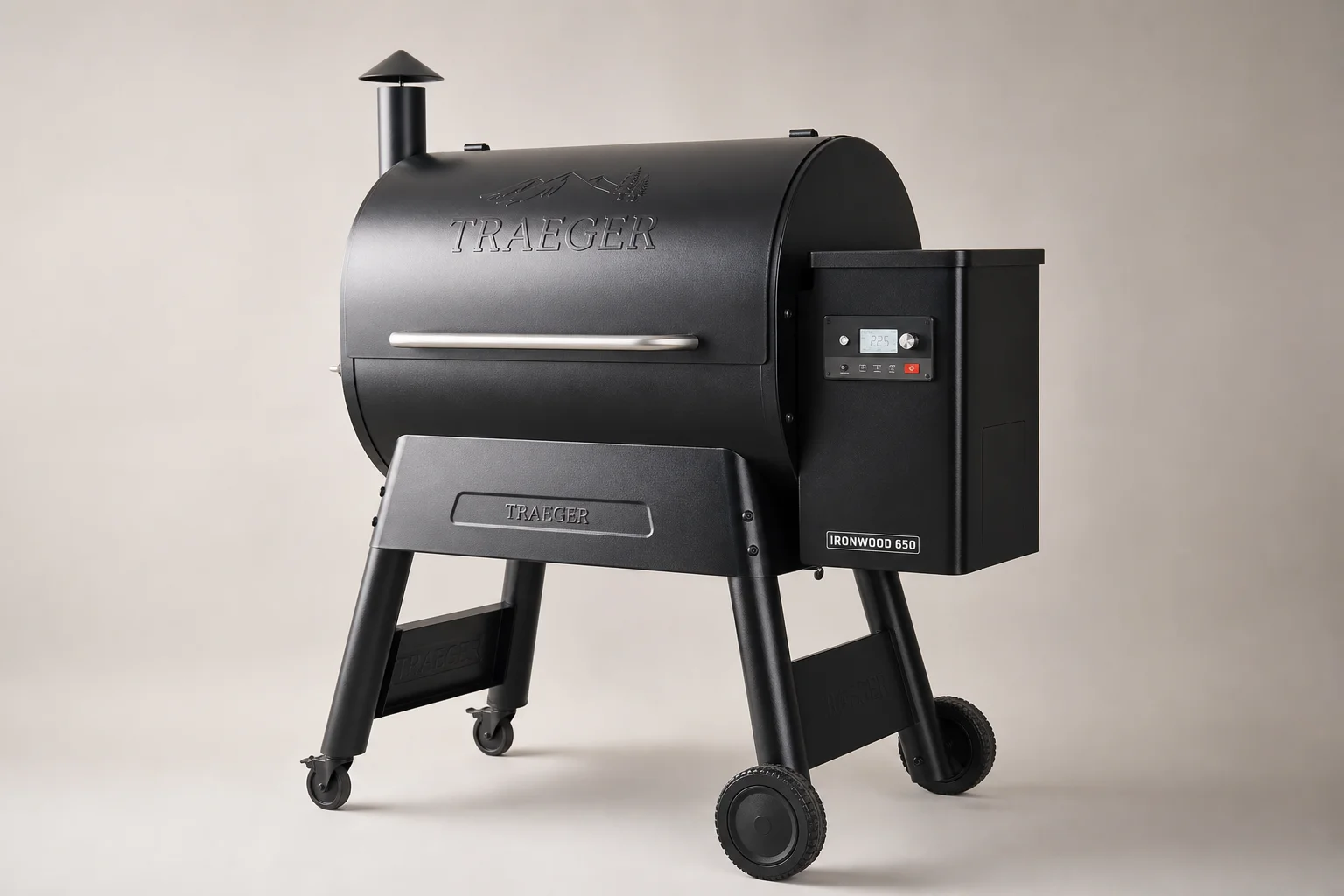 Traeger wood pellet grill on neutral backdrop showing barrel shape and control panel