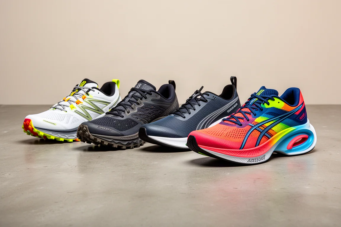 Four new running shoes, two trail models and two road racers, lined up on a concrete surface