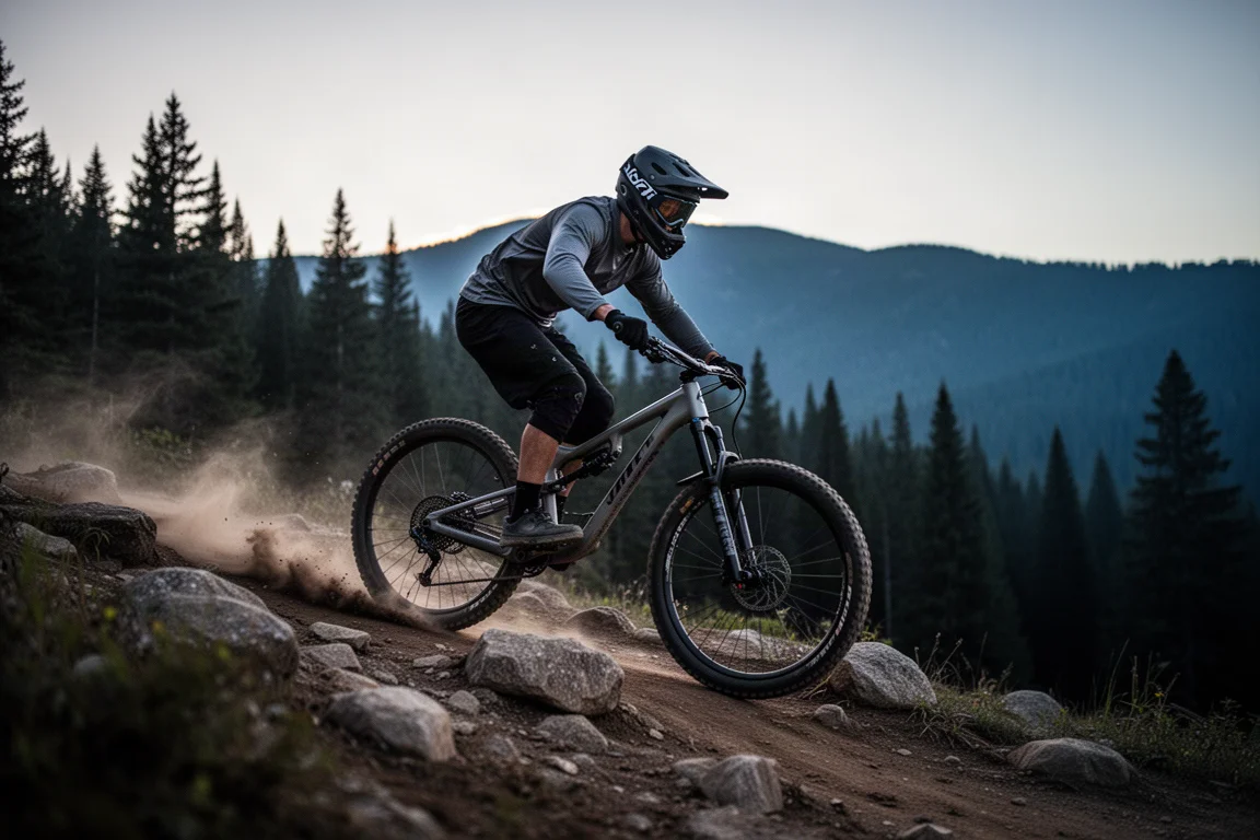 Mountain biker riding a rocky descent at dusk with dust behind the rear wheel