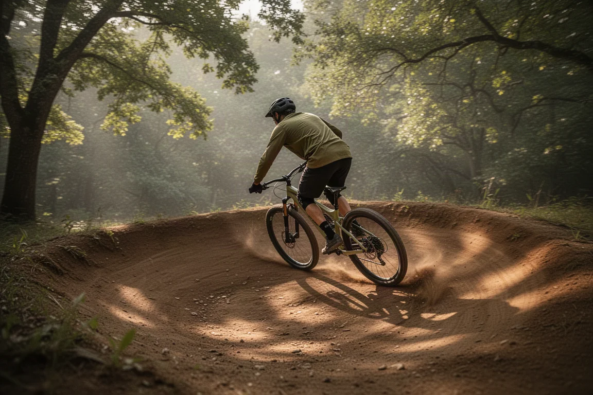 Mountain biker leaning through a sculpted dirt berm on a fast flowing trail