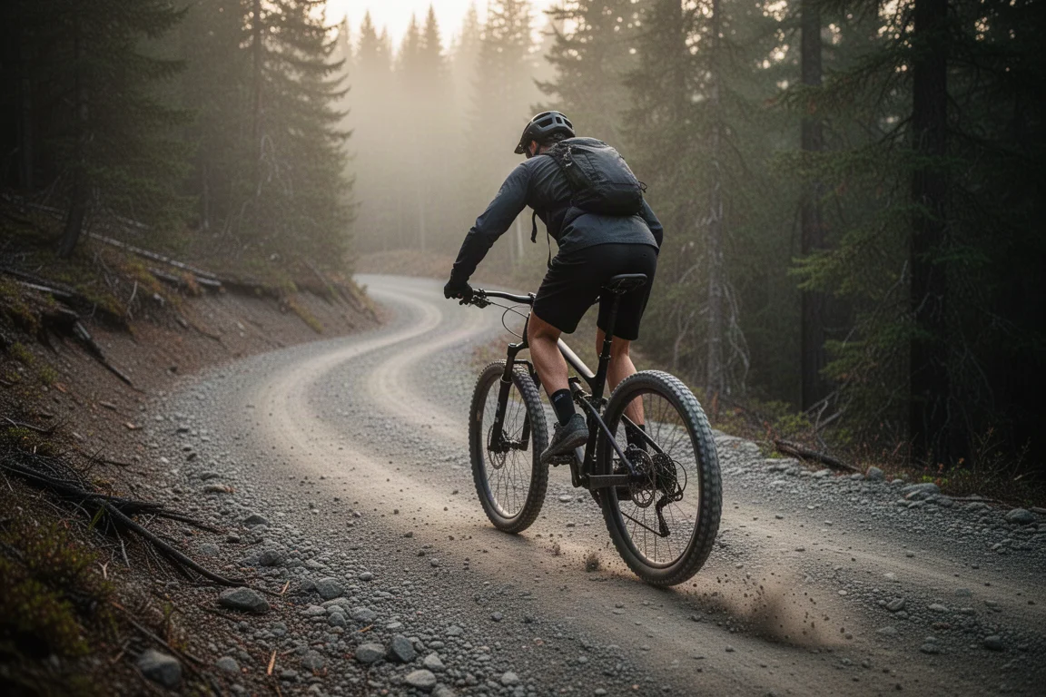 Mountain biker climbing a steep forest fire road in low morning light