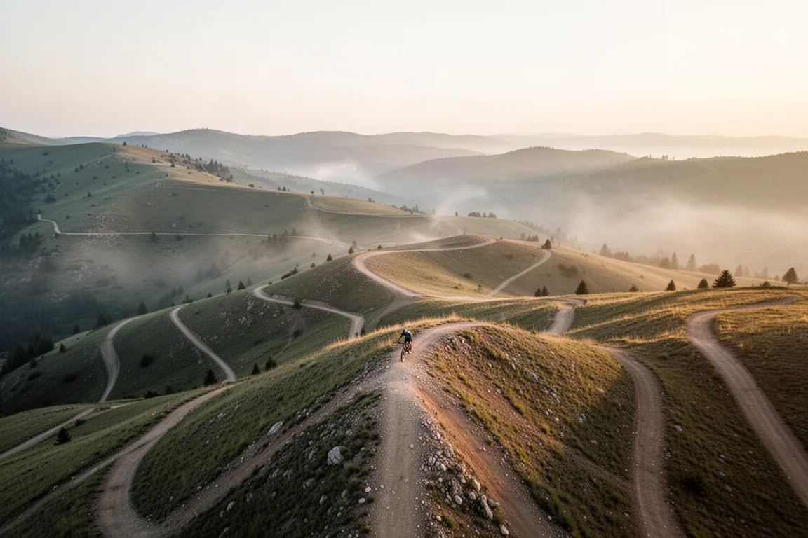 Wide sunrise view of a mountain bike trail network across rolling hills