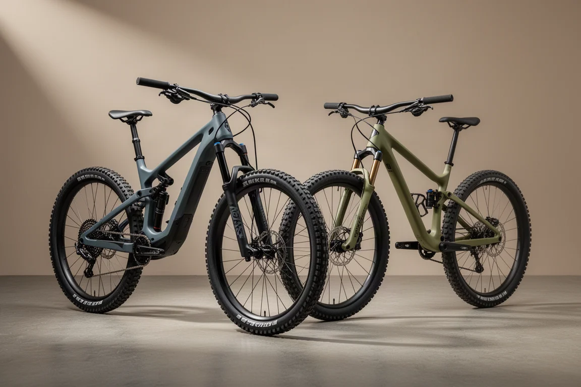Twee full-suspension mountainbikes, een endurobike en een trailbike, naast elkaar op beton