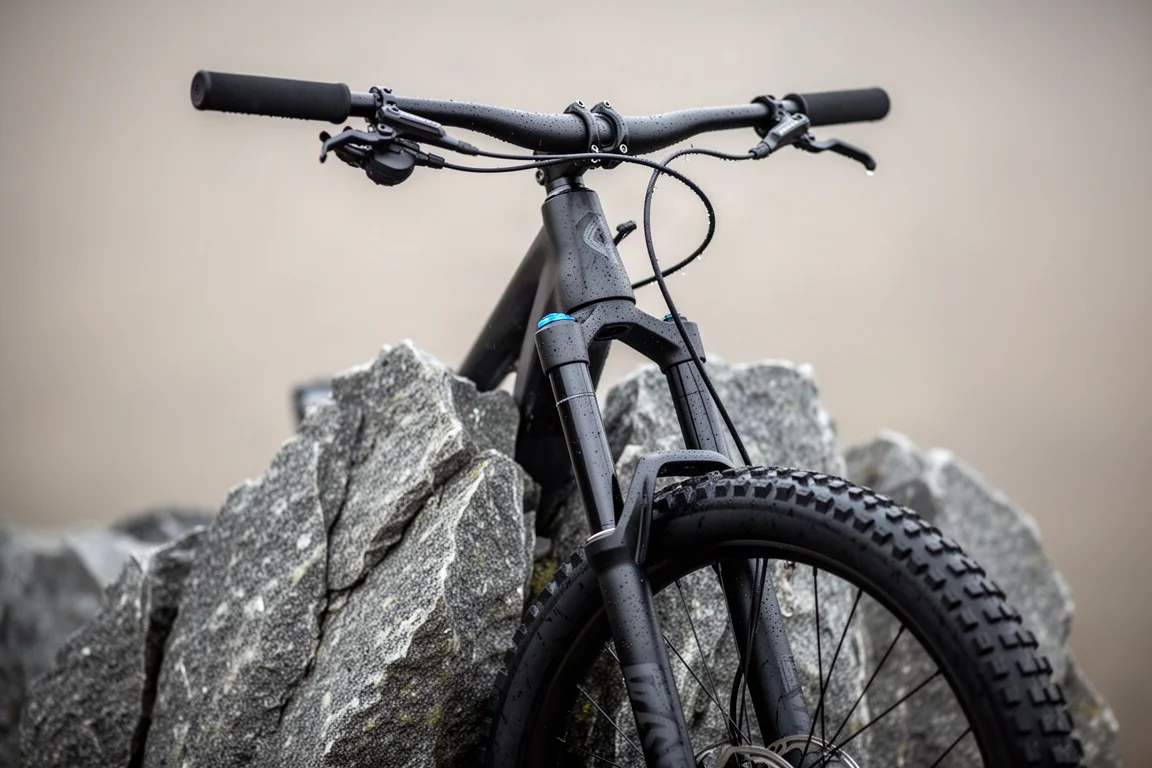 鬆弛的 Enduro 山地單車頭管與長行程前叉在粗糙岩石上的特寫