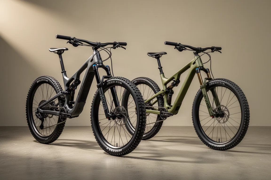 Twee volledig geveerde mountainbikes, één enduro- en één trail-opbouw, naast elkaar geparkeerd