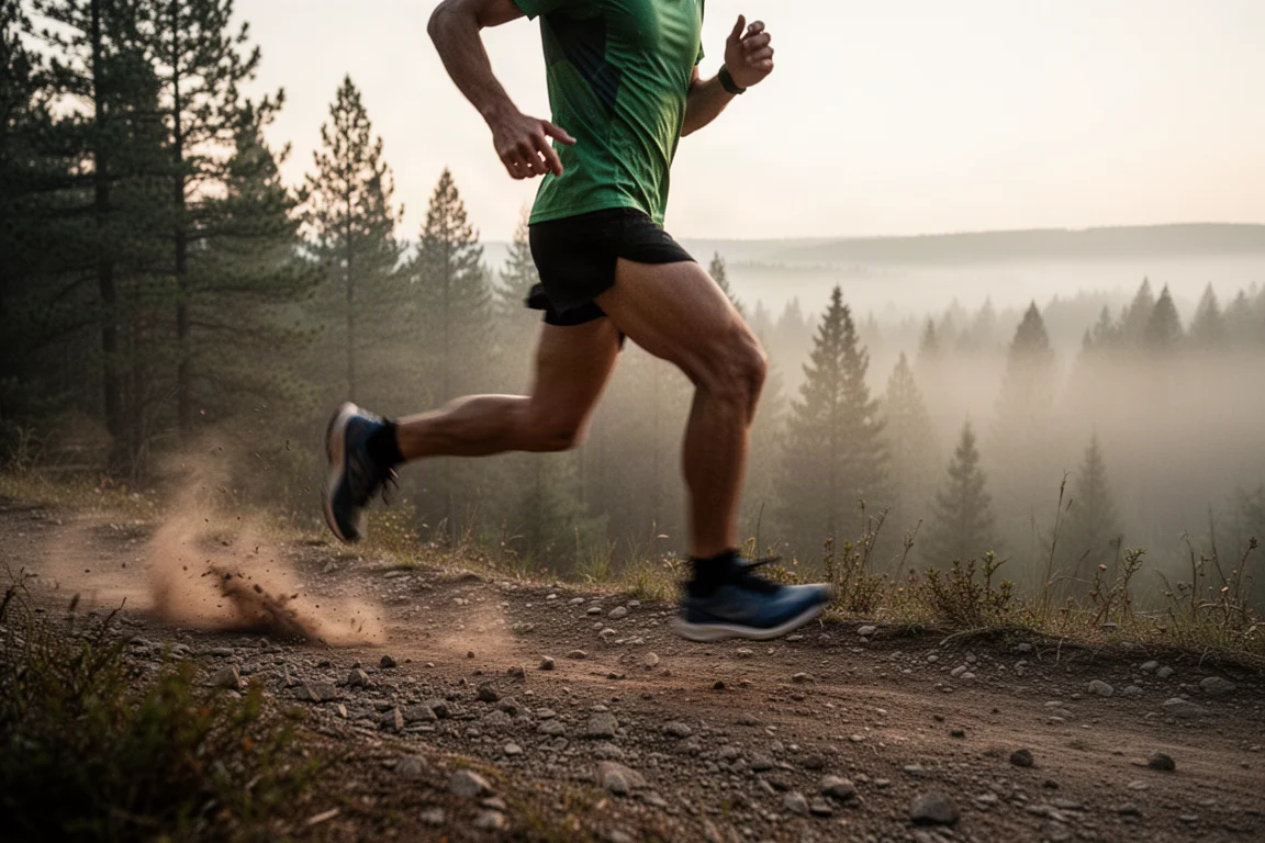 Trailrunner auf schmalem Singletrack im Morgengrauen, dahinter Kiefernwald