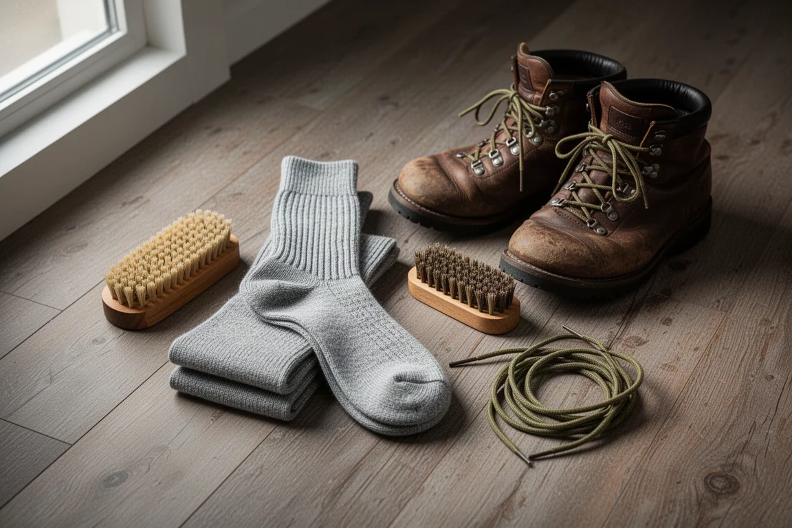 Flatlay aus gefalteten Wollsocken, einem abgetragenen Lederstiefel und einer Stiefelbürste auf Holz