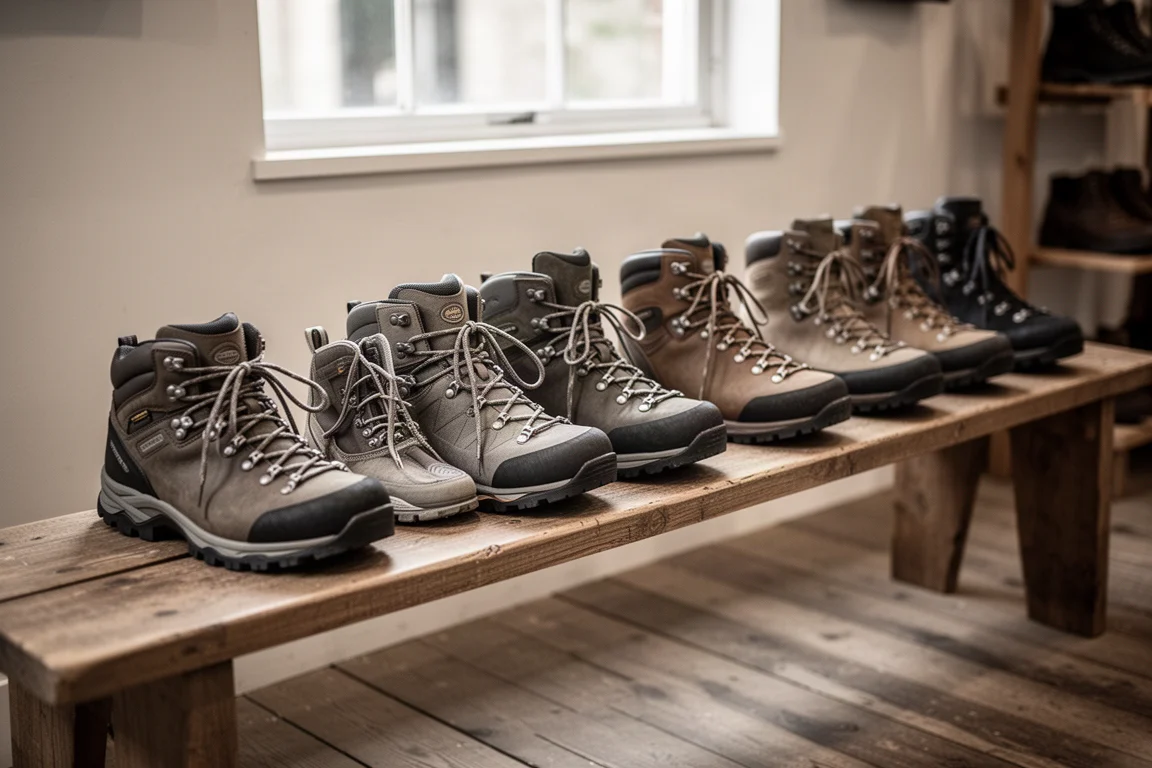 Reihe von Wanderschuhen und Stiefeln auf einer Holzbank in einem Laden