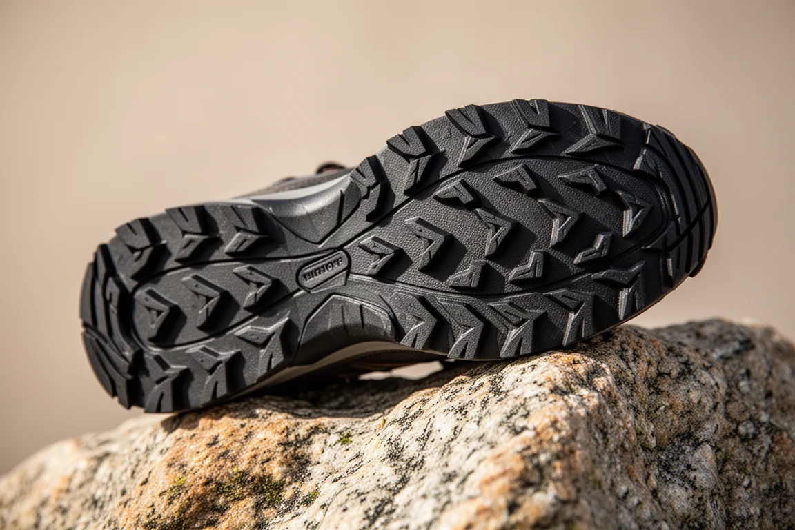 Närbild på en robust Vibram Megagrip-yttersula på en trailsko