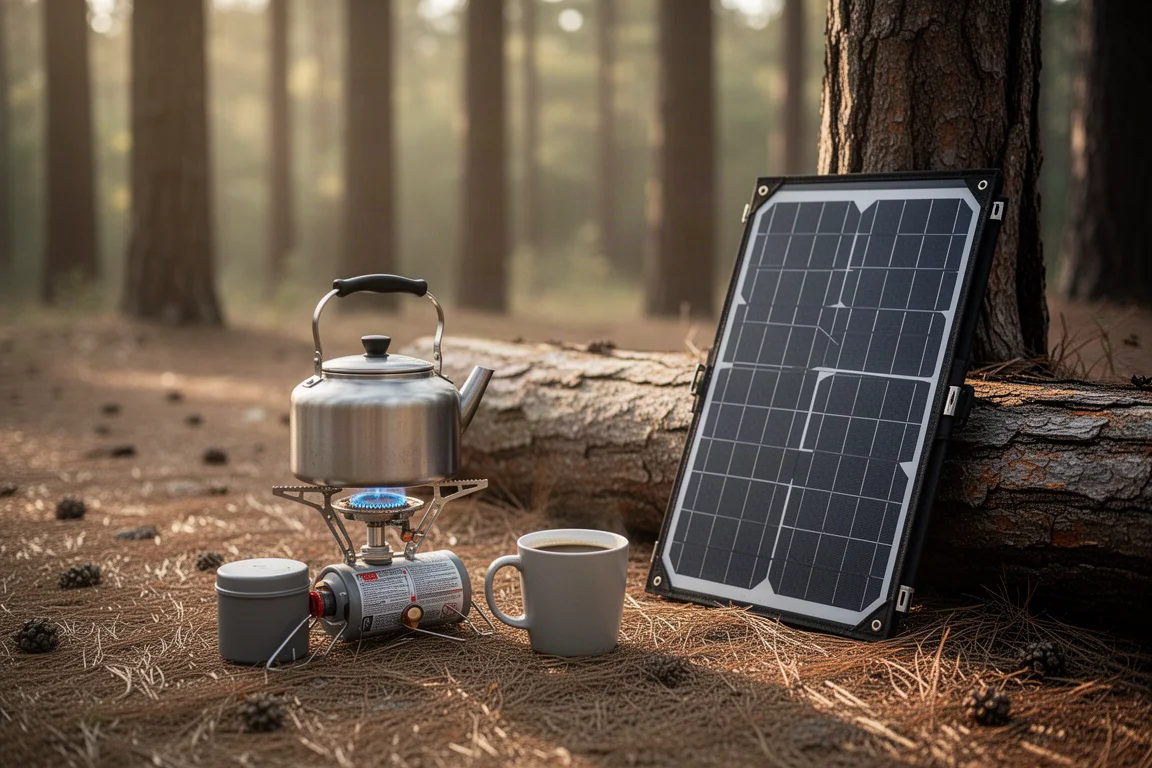 Campkök med portabel spis, vattenkokare och kaffeutrustning i en skogsglänta