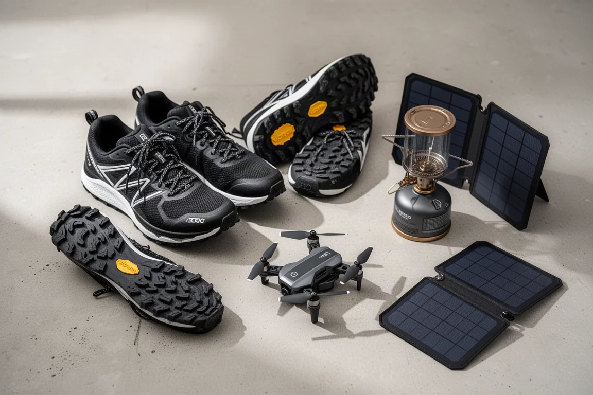 Scarpe da trail, un drone compatto, un fornello da campeggio e un pannello solare disposti su cemento