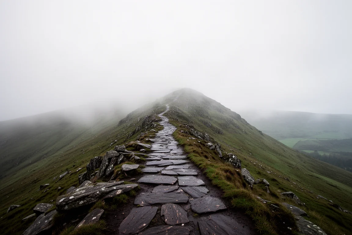 Sentier de crête rocheux en altitude sous un plafond nuageux bas, pierre humide et collines verdoyantes