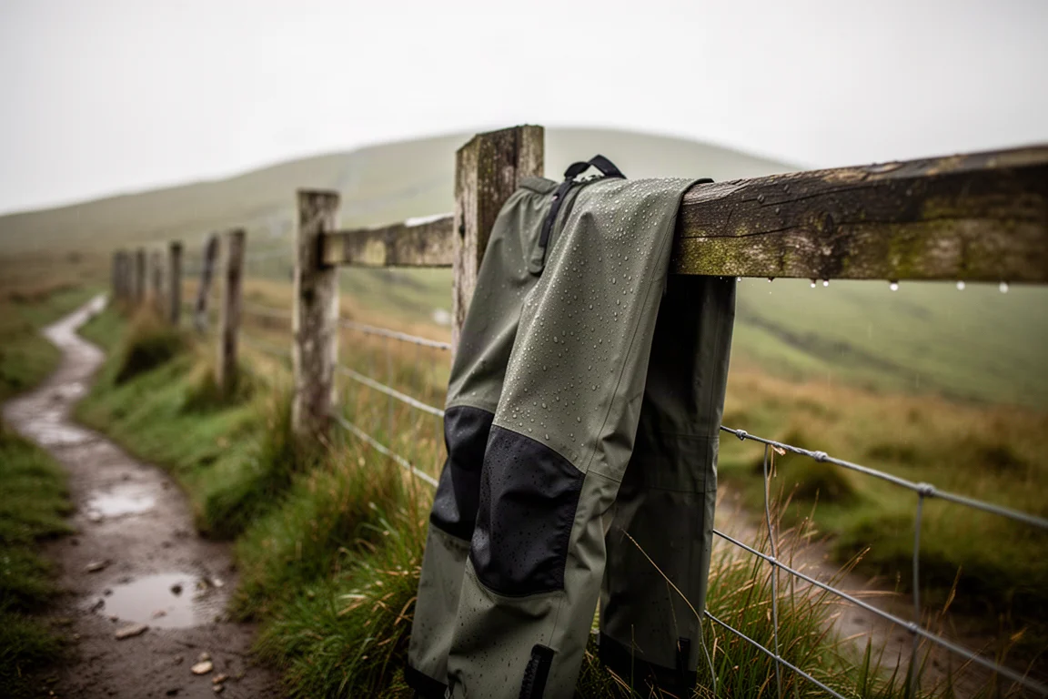 Surpantalon imperméable drapé sur un poteau de clôture avec des gouttes de pluie perlant sur le tissu