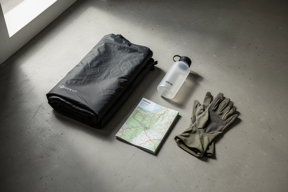 Vue à plat d'essentiels de trail sur béton avec une couche imperméable pliée et une petite bouteille