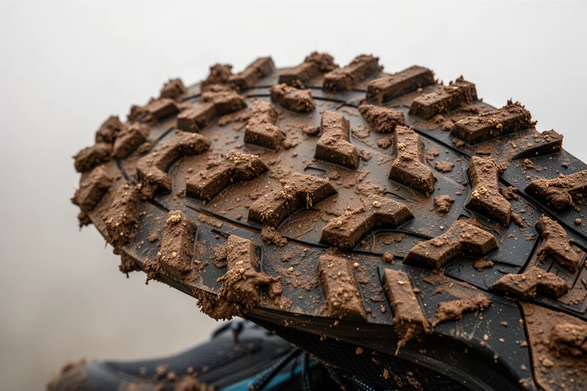 Talons en caoutchouc profonds d'une semelle de chaussure de trail empaissée de boue