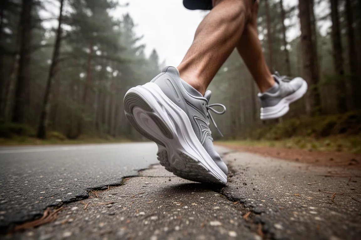 Pieds d'un coureur en pleine foulée sur une portion goudronnée d'un parcours de trail