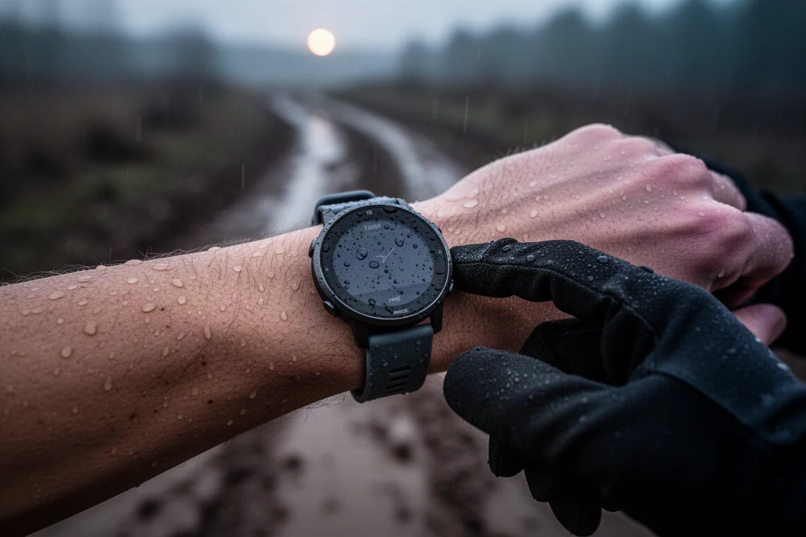 Montre de sport au poignet consultée pendant une course de trail sous la pluie