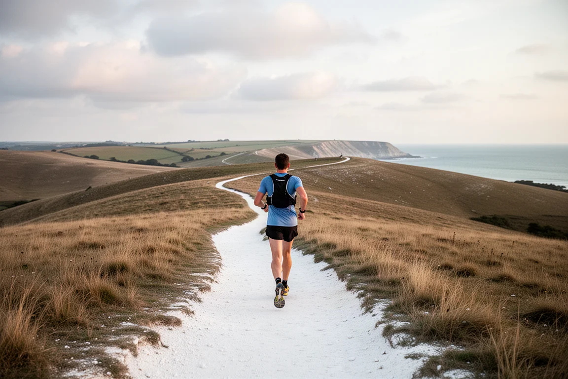 Trailrunner beweegt over een glad, krijtachtig pad in de South Downs onder zachte bewolking