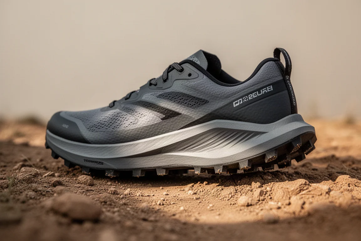 Close-up van de tussenzool van een trailrunningschoen met carbonplaat op een verhard pad